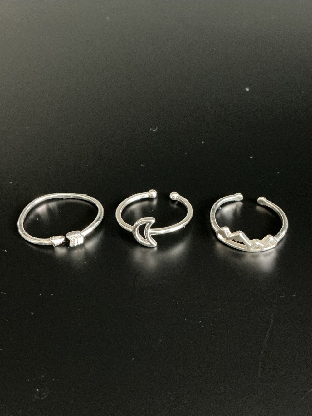 Sterling Silver Adjustable Set of 3 Rings - Arrow Moon Peaks - Costume Jewelry